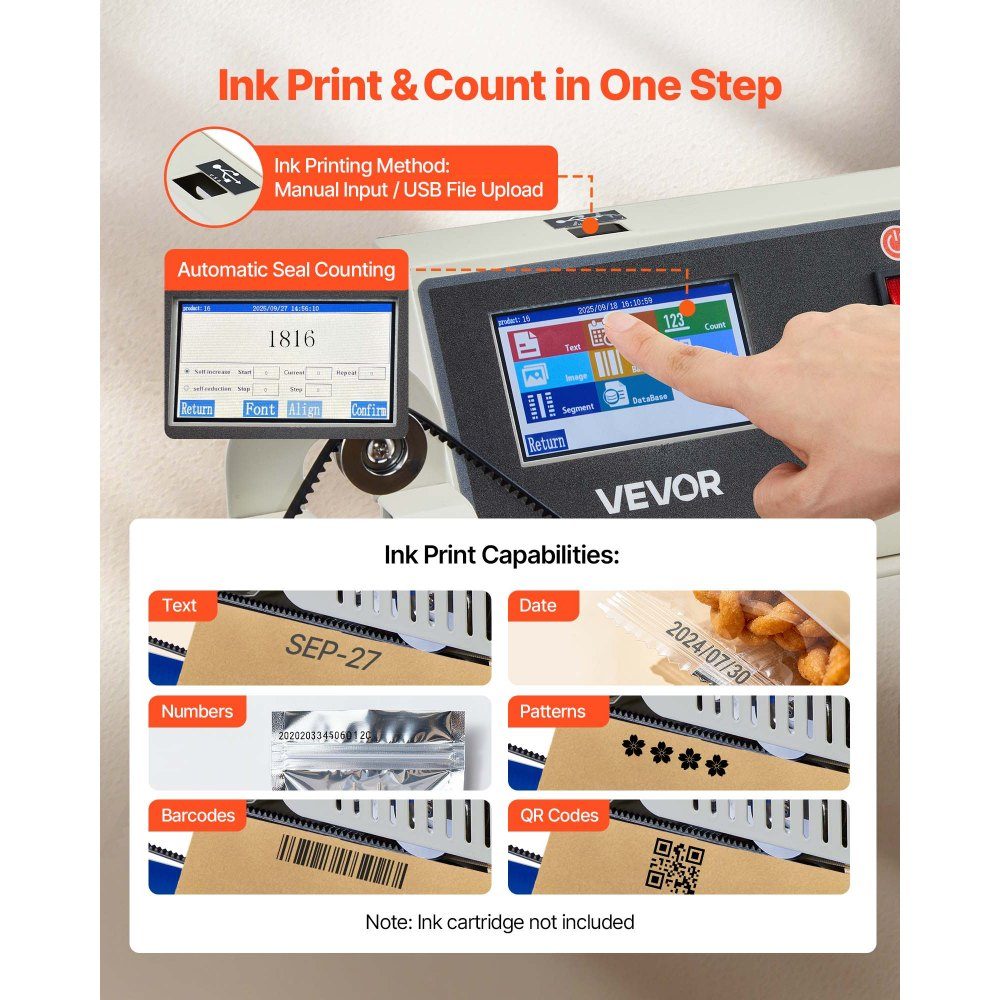 Continuous sealing machine, 6-12mm sealing width, horizontal, with ink printing, sealing machine, temperature and speed adjustable, for 0.03-0.8mm plastic bags