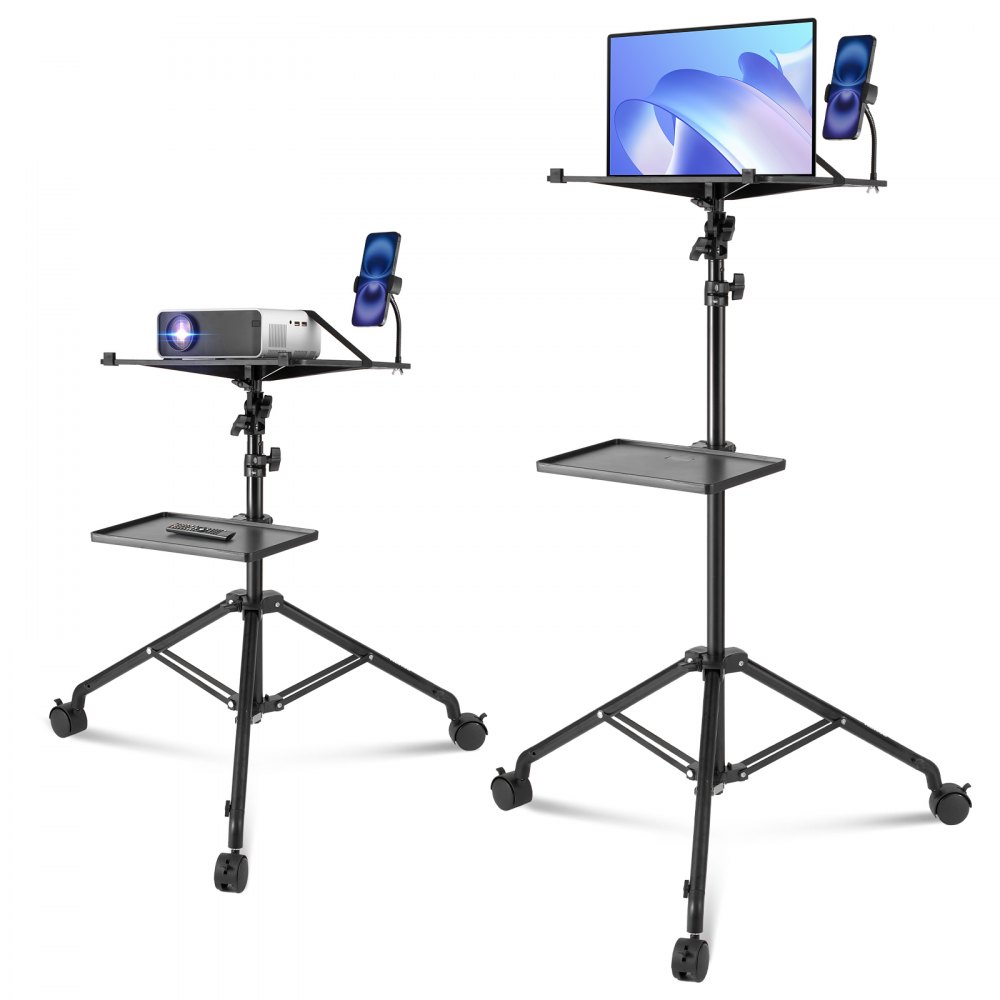 Projectorstandaard met wielen, laptopstandaard, statief, in hoogte verstelbaar van 795 tot 1710 mm, projectorstatief met 2 planken en zwanenhals telefoonhouder, buiten/kantoor/studio, thuis Projectorstandaard met wielen, laptopstandaard, statief, in hoogte verstelbaar van 795 tot 1710 mm, projectorstatief met 2 planken en zwanenhals telefoonhouder, buiten/kantoor/studio, thuis