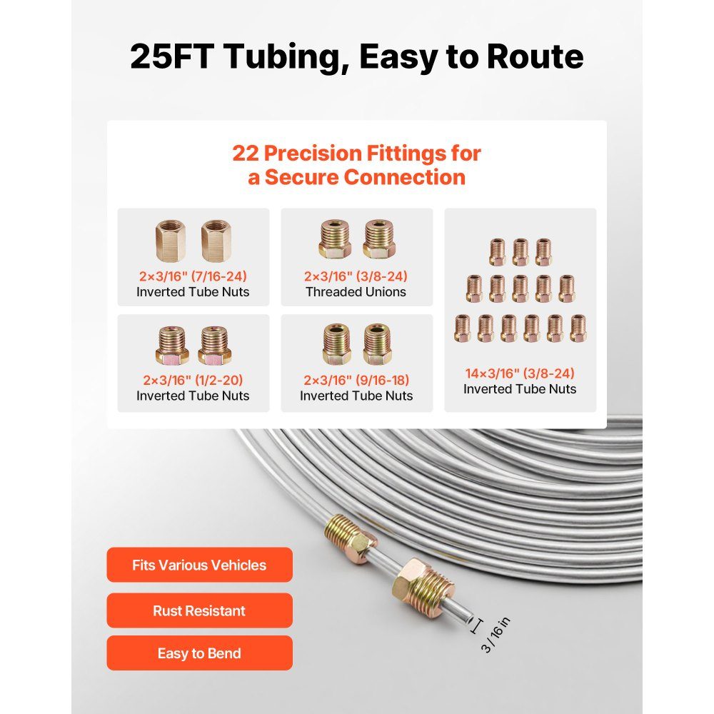 Ensemble d'outils d'évasement de conduite de frein 5 pièces, outil d'évasement à 45° avec conduite de frein de 25 pieds x 1,75 mm pour un évasement facile, extenseur de tuyau avec 20 ports, 2 ports et cintreuse de tuyaux, kit de réparation de véhicule