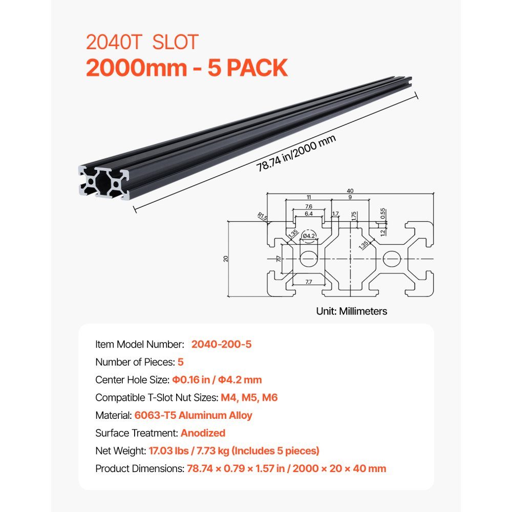 Set of 5 2000mm T-Slot 2040 Aluminum Extrusion Profile European Standard Anodized Linear Rail Groove Profile for 3D Printer CNC Machine DIY Laser Engraving Black
