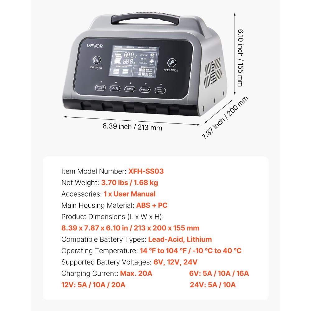 Autobatterieladegerät 20A Batterieladegerät 6V/12V/24V, Intelligentes Ladegerät für Blei-Säure- & Lithium-LiFePO4-Batterien, mit 7-stufigem Lade-Reparaturmodus LCD-Display für Auto, Motorrad, Boot Autobatterieladegerät 20A Batterieladegerät 6V/12V/24V, Intelligentes Ladegerät für Blei-Säure- & Lithium-LiFePO4-Batterien, mit 7-stufigem Lade-Reparaturmodus LCD-Display für Auto, Motorrad, Boot