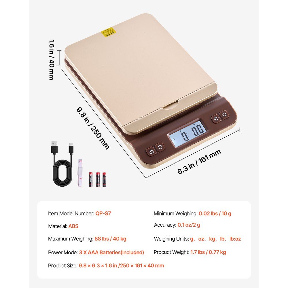 Digitale Paketwaage, 2 g Genauigkeit, 40-kg-Postwaage mit Halte-/Tara-/Auto-Off-Funktion, Klapphalter-Design und einfache Kalibrierung, Briefwaage, Plattformwaage, Batterie im Lieferumfang enthalten