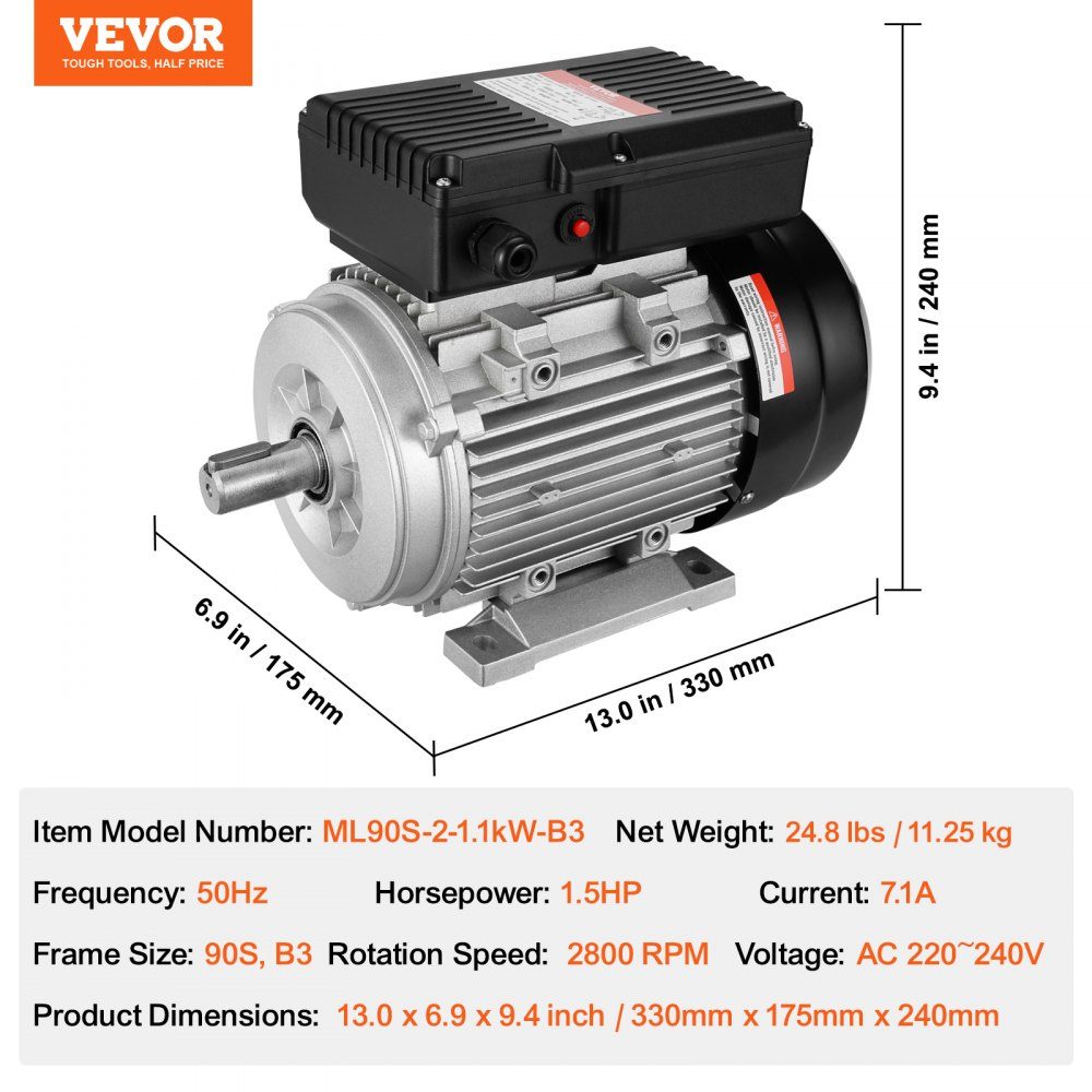 1,1 kW Elektromotor 2800 U/min AC 220–240 V 7,1 A 90S B3 Rahmen Luftkompressormotor einphasig 24 mm Keilwelle Rechts-/Linksdrehung für landwirtschaftliche Maschinen und allgemeine Geräte