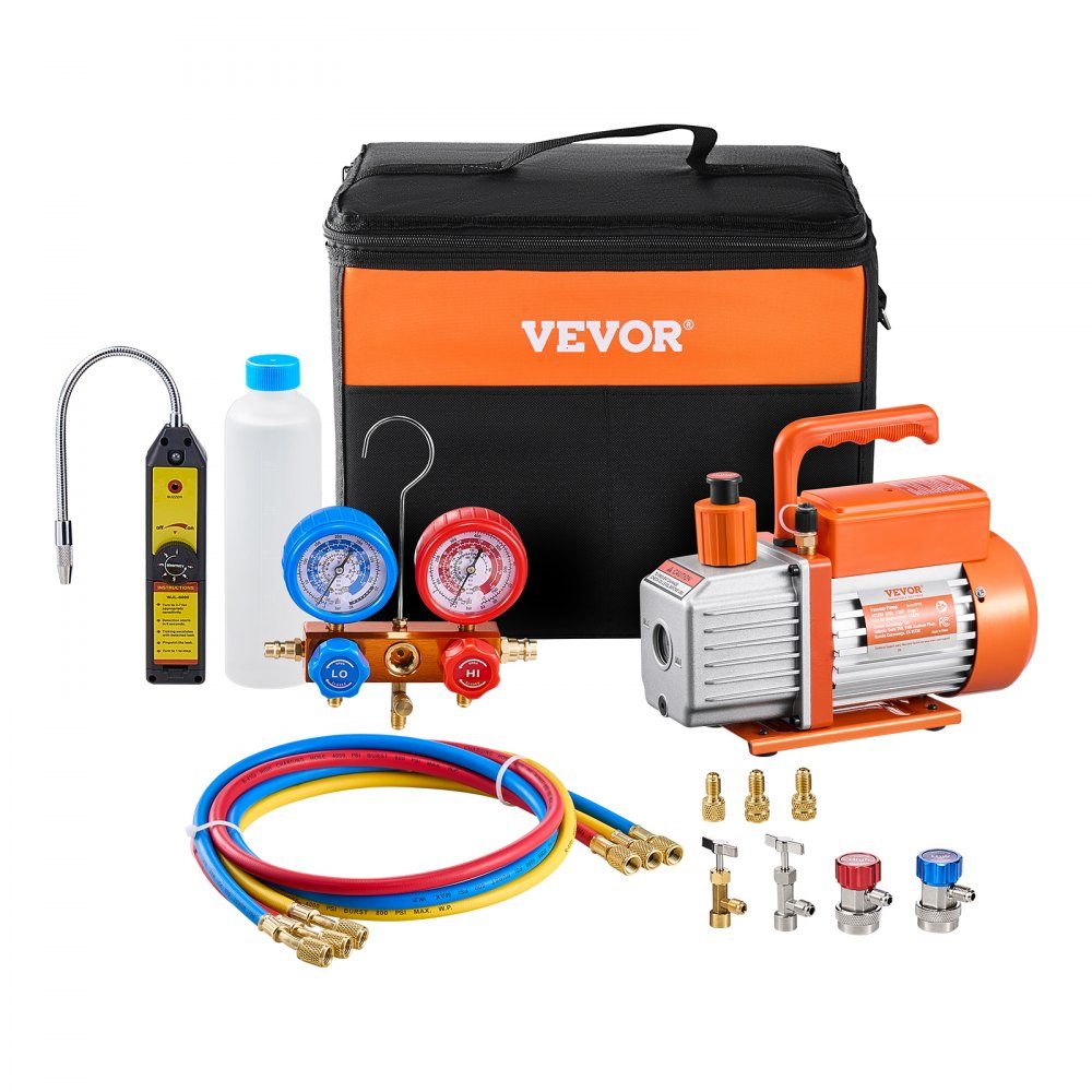 4.5 CFM AC Vacuum Pump and Gauge Kit, 1 Stage HVAC Air Vacuum Pump, A/C Refrigerant Manifold Gauge Kit with Leak Detection Hoses for R134a, R12, R22, R502a, R410A, R404, R407C