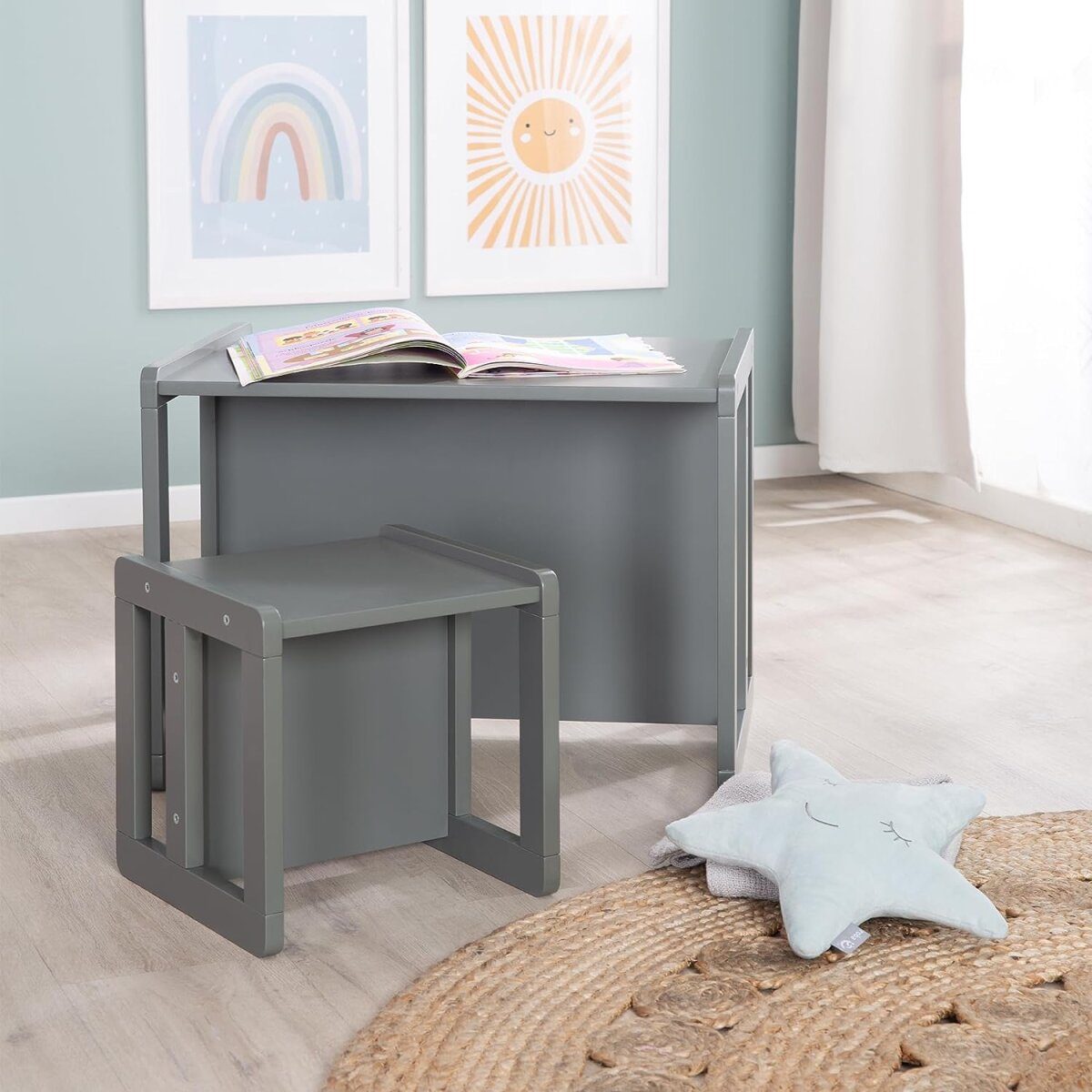 roba children's seating group 3in1 - reversible stool & table - convertible into a children's bench, anthracite