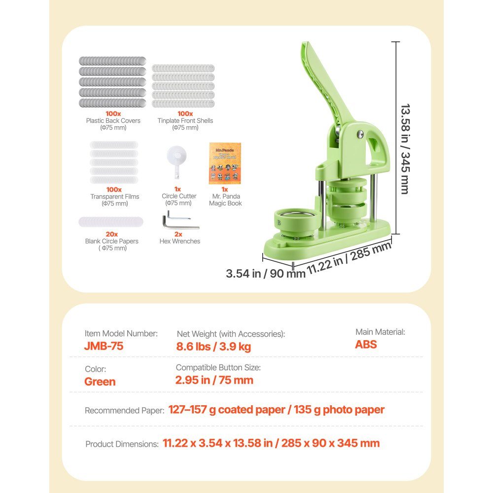 Button machine button maker machine badge punching press 75 mm round, pin maker with 100 button parts & circle cutter & magic book & reinforced ergonomic handle, DIY button press machine green