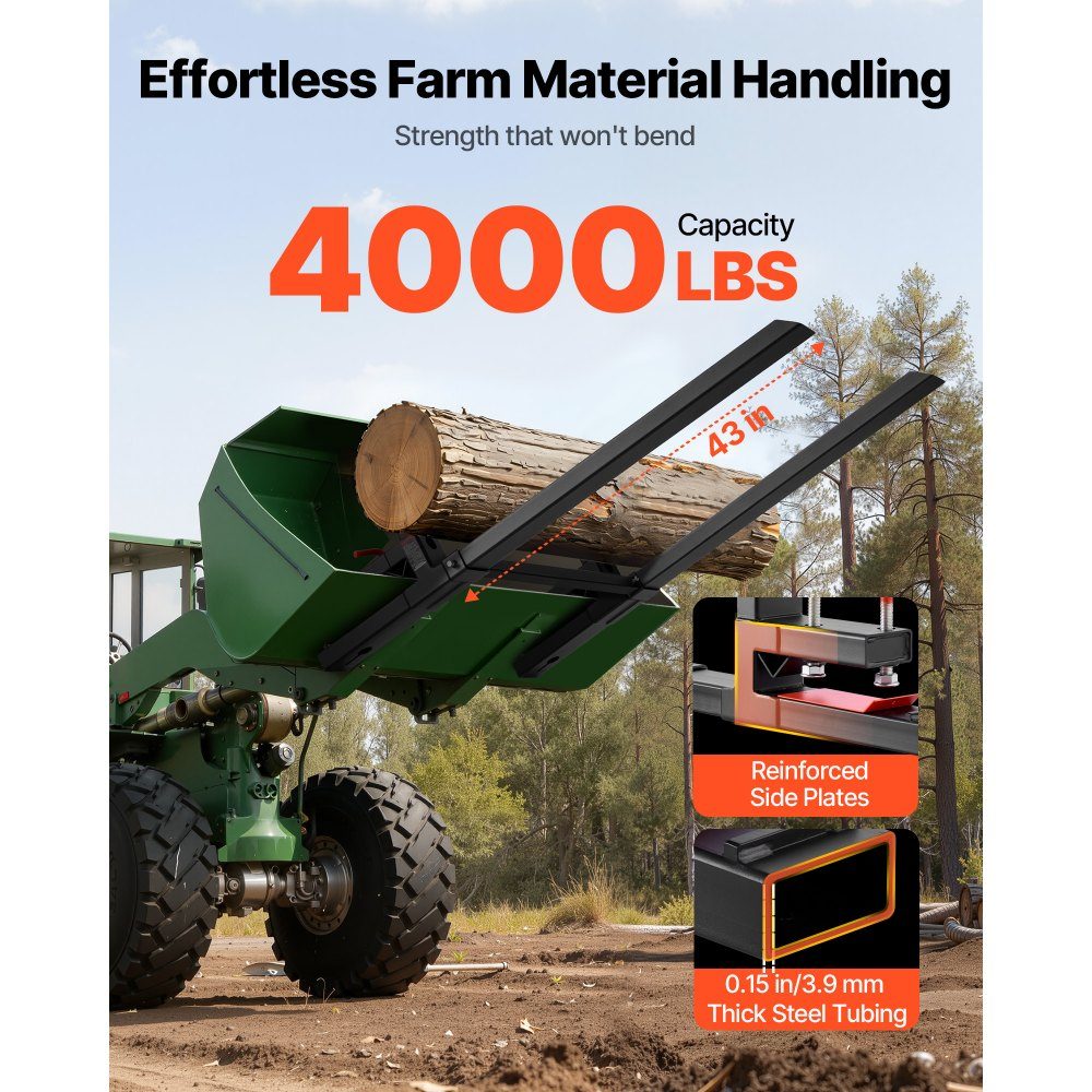 Pallet Forks, 1814kg Clip-On Fork Carrier, 1490mm Overall Length, Forks with Adjustable Stabilizer Bar for Tractor Attachments, Loader Bucket and Skid Steer Loader, Black