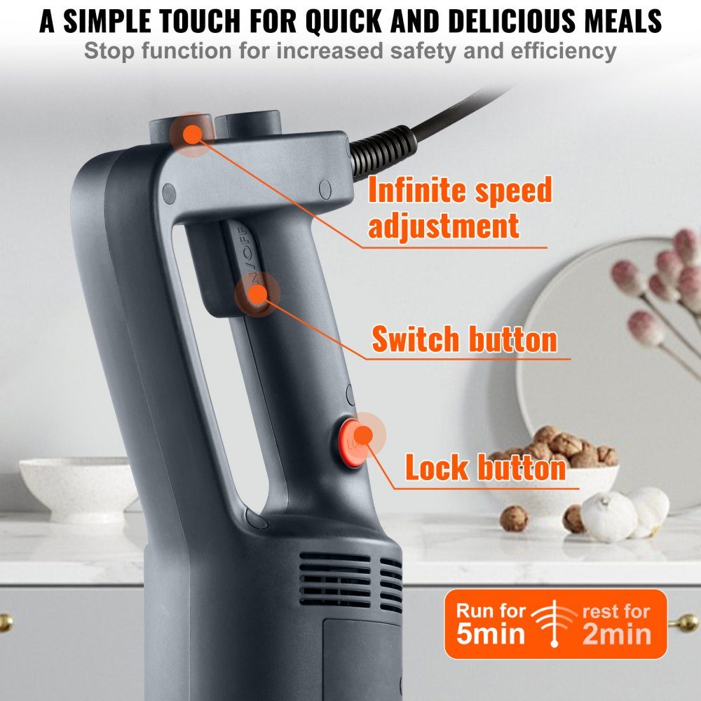 Puree Blender Electric Hand Blender 750W High Performance Hand Blender Adjustable Speeds Stainless Steel Multi-Purpose Hand Blender 660mm Removable Stirring Rod Includes Wall Hook and Replacement Blade Head