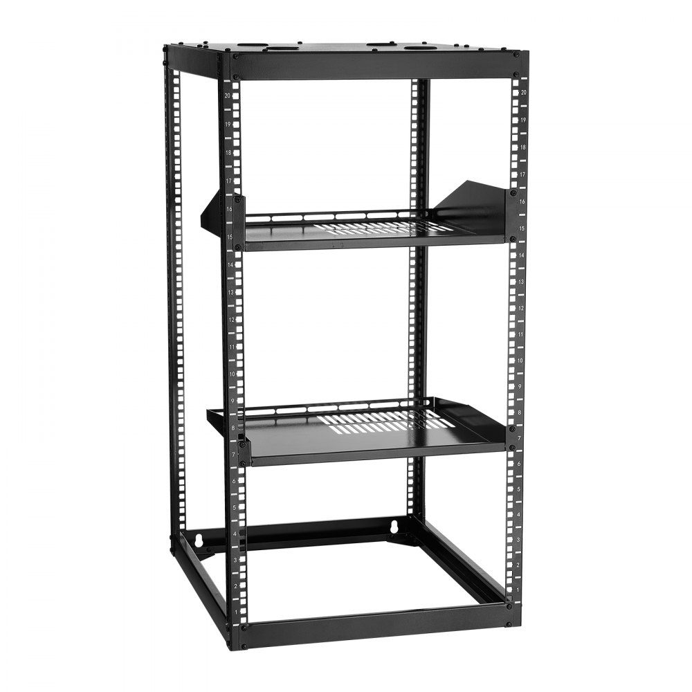 20U open frame network rack, 585mm depth, wall mount or floor standing server rack, 4 post construction, with ventilated shelves and mounting accessories, for network IT equipment and AV equipment