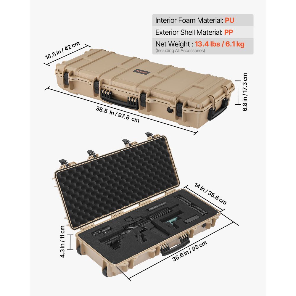 Gun Case with Hard Shell for Long Guns, Lockable Gun Case with Pre-Cut Foam, Long Gun Case, Gun Storage, Rollable, IP67 Waterproof, 97.8 x 42 x 17.3 cm, Khaki