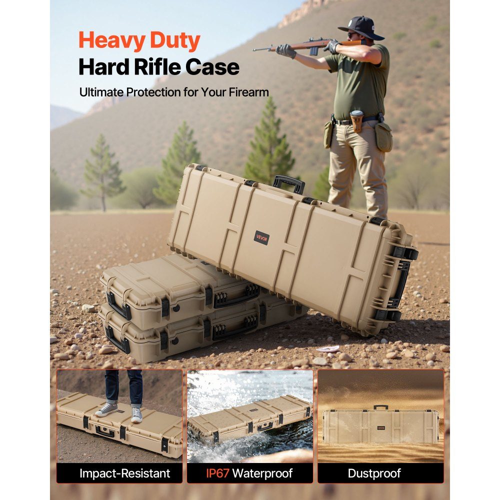 Hard Shell Gun Case for Long Guns, Lockable Gun Case with Pre-Cut Foam, Long Gun Case, Gun Storage, Rollable, IP67 Waterproof, 55" x 17" x 7.5", Khaki