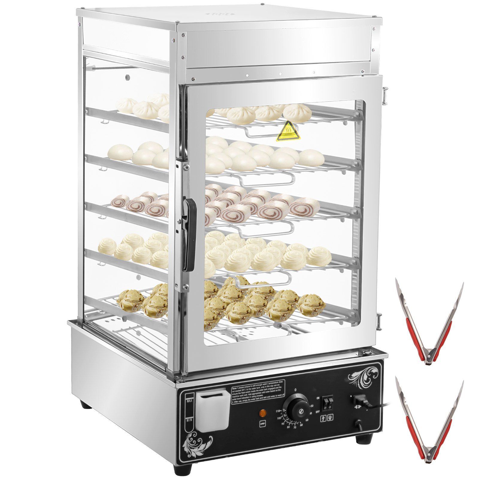 Dampfgarer Brötchendämpfer 5-Lagen, 900 W, Kommerzieller Dampfkocher 380 x 400 x 745 mm, Schaukasten-Brötchen-Dampfer 30-110 °C, Elektrischer Speisenwärmer mit 2 Essenszangen und Griff Dampfgarer Brötchendämpfer 5-Lagen, 900 W, Kommerzieller Dampfkocher 380 x 400 x 745 mm, Schaukasten-Brötchen-Dampfer 30-110 °C, Elektrischer Speisenwärmer mit 2 Essenszangen und Griff