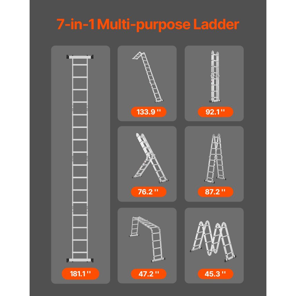 Multipurpose Ladder, 7 in 1 Multifunctional Ladder, Telescopic Ladder with A-Frame and 4 Steps, Ladder Frame 4600mm, Adjustable Heavy Duty Ladder, 150kg Load Capacity for Home Outdoor Use