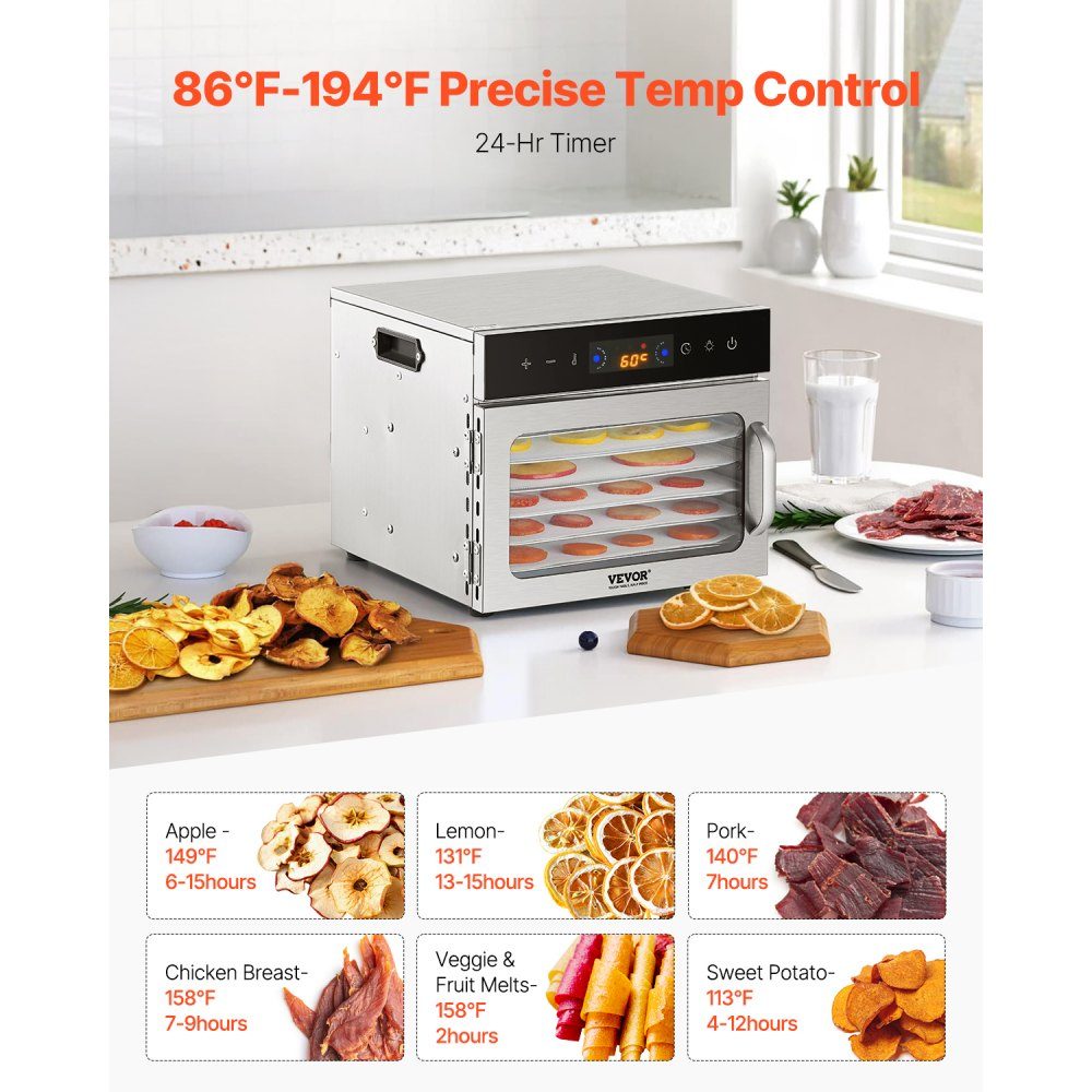 Dehydrator Dehydrator 6 roestvrijstalen kommen, 400 W elektrische voedseldroger met instelbare temperatuur, vriesdroger voor gedroogd vlees, vlees, fruit, groenten, kruiden, hondenkoekjes