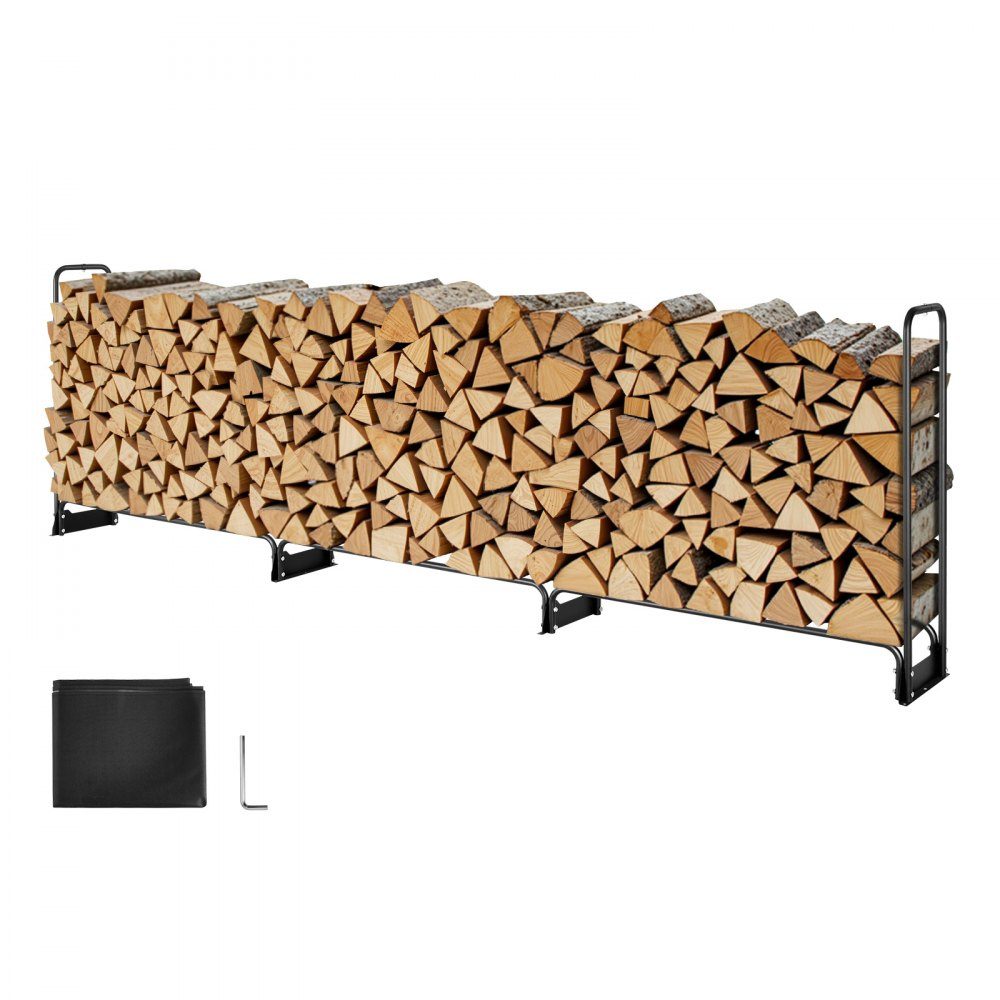 Brennholzregal aus Metall, 386 x 36 x 117 cm, Brennholzregal, Stahlrahmen, pulverbeschichteter Brennholzunterstand, 400 kg mit wasserdichter Abdeckung, Stapelhilfe, Holzunterstand für Veranda, Garten, Terrasse, Hof