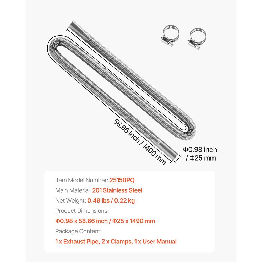 Exhaust pipe auxiliary heater Flexible exhaust hose 149 cm for car diesel heater with 2 clamps, stainless steel exhaust pipe with Φ 25 mm cross section for 2 kW / 5 kW / 8 kW diesel heaters air heaters