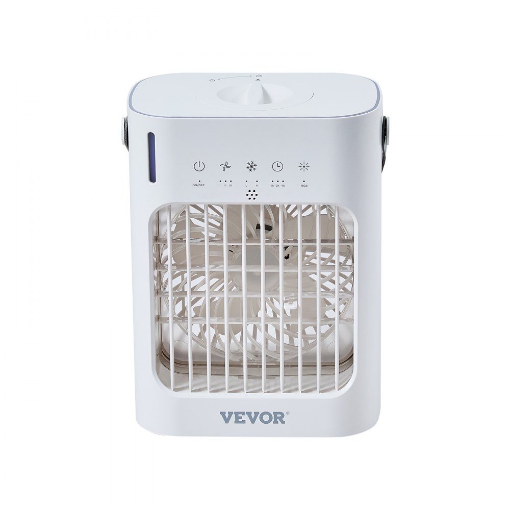 Climatiseur mobile, refroidisseur d'air 4 en 1, mini refroidisseur d'air à 3 vitesses avec minuterie intelligente de 0 à 7 heures, réservoir d'eau de 700 ml, lumière 7 couleurs, mini ventilateur AC personnel pour bureau de chambre à coucher