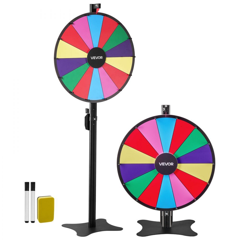 Glücksrad, Spinnrad (61 cm), 14 Fächer, Glücksrad mit Ständer, höhenverstellbar, Lotteriespiele, Gewinnspiel, Roulette, mit Tafelschwamm und 2 Markern, 6 Farben, ideal für Party, Kneipe, Messe