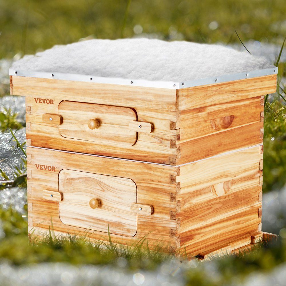 Beehive, 20 Frames, Zander Beehive, Beeswax Coated Fir Wood, 1 Deep + 1 Medium Bee Box, Langstroth Beehive Set, Clear Acrylic Windows with Foundations