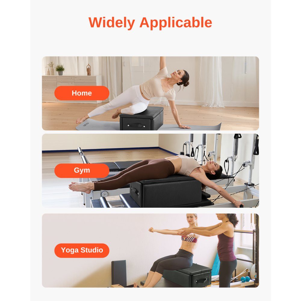Pilates Reformer Box (625 x 435 x 240 mm) Boîte de siège Pilates Reformer pour exercices, accessoires de Pilates en PU et bois de haute qualité, améliore la force, l'équilibre, l'amplitude de mouvement, noir