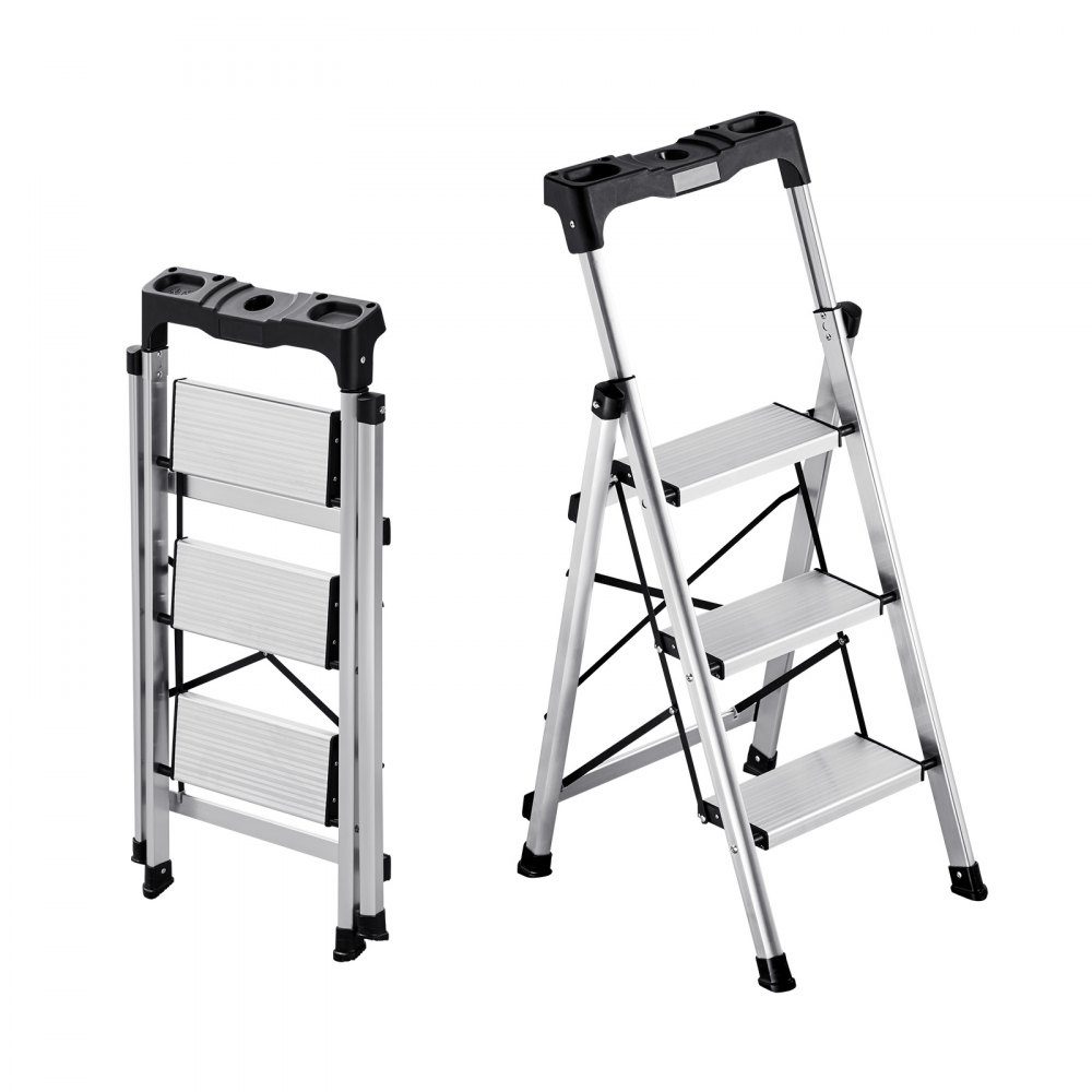 Trittleiter 3 Stufen, Klappleiter mit Anti-Rutsch-Stufen & komfortablem Griff, Haushaltsleiter Tragkraft 150 kg, Trittleiter aus Aluminium, Sicherheitsleiter für Küche, Lager, Haus & Büro
