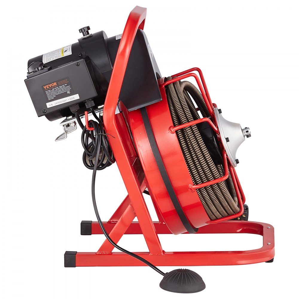 Pipe Cleaning Machine 50 FT x 1/2 Inch, Manual Feed Duct Spiral, 250W Electric Pipe Cleaning Machine with 4 Cutters and Air Activated Foot Switch for 2" to 4" Pipes