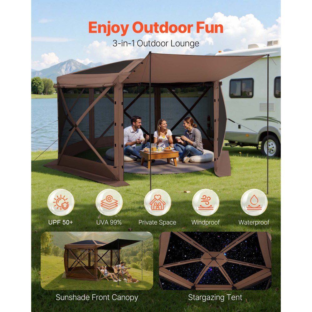 Tonnelle escamotable 3,6 m x 3,6 m, tente de camping à 6 côtés avec toit amovible et sac de transport, pare-soleil pour 8 à 10 personnes, tente de fête pour jardin, terrasse, marron