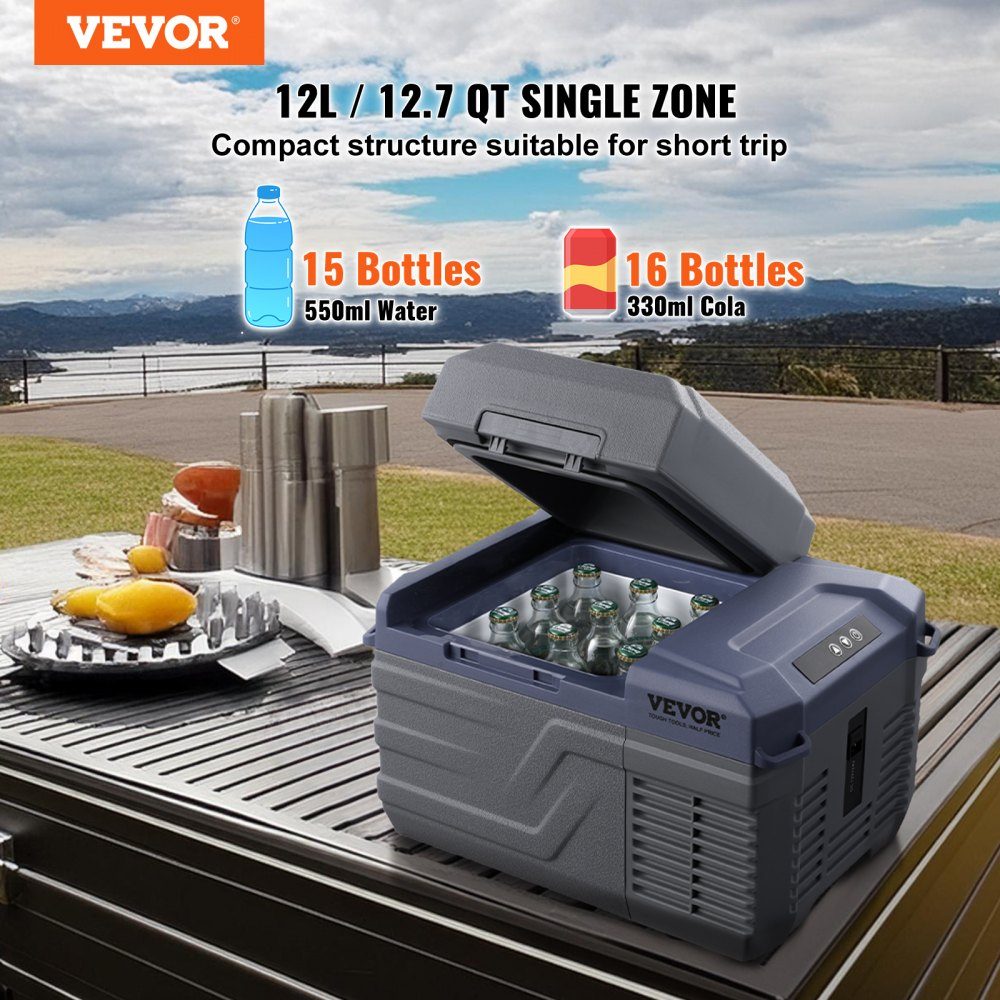 Car Refrigerator, 12V Car Fridge, Portable 12L Single Zone Freezer, Adjustable Range from -4℉ to 68℉, 12/24V DC and 100-240V AC Compressor Cooler for Outdoor, Camping, RV