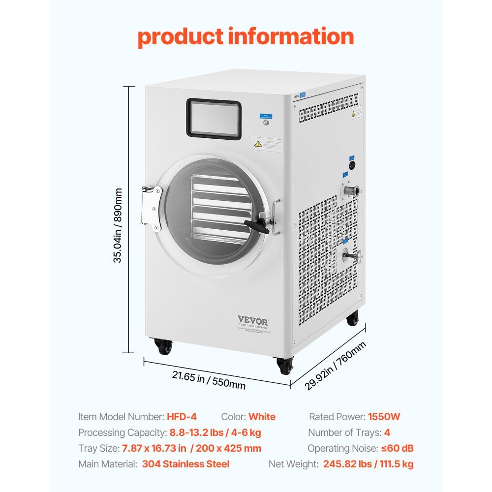Freeze Dryer Freeze Drying Machine Drying Equipment (4-6kg Capacity) for Food with 4 Layer Trays and Adjustable Temperature and Time, for Fruit White