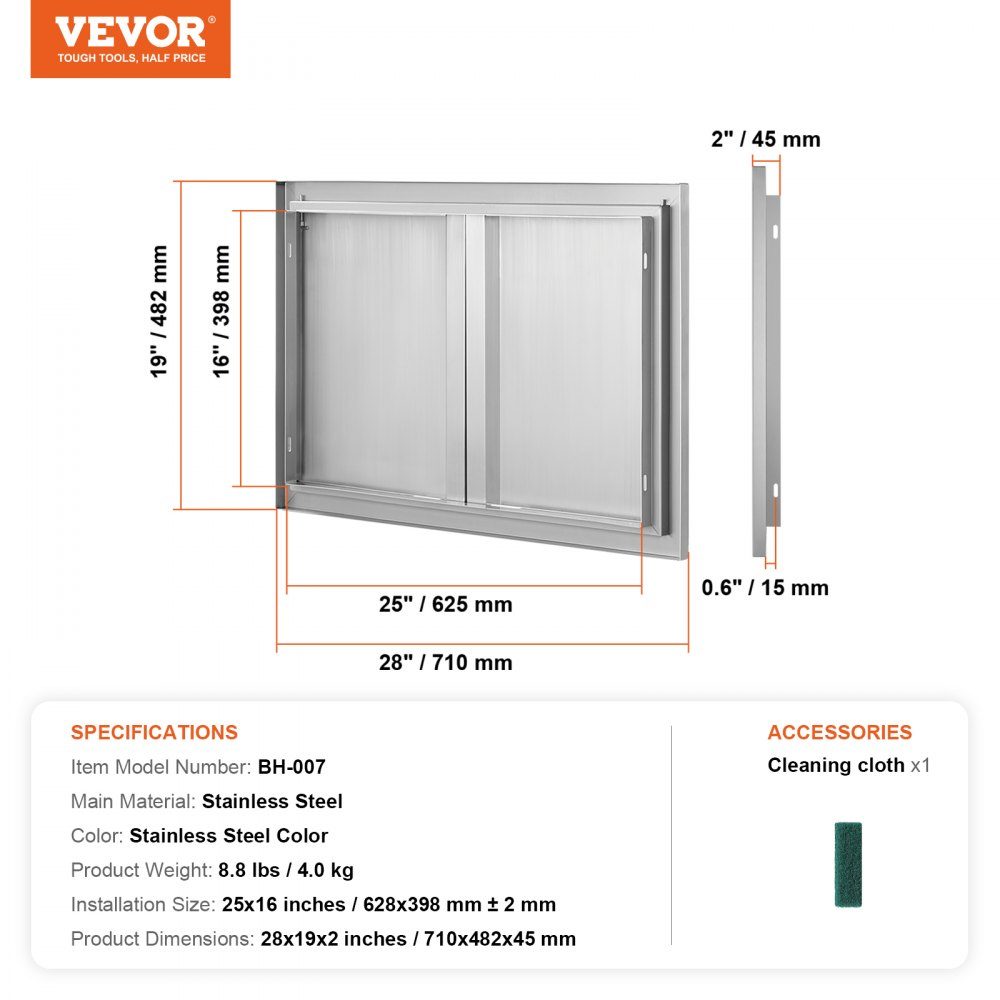 Porte d'accès au gril 710x482mm Double porte de cuisine extérieure encastrée en acier inoxydable, porte murale verticale avec poignées rétractables pour Grill Island Grill Station armoire extérieure
