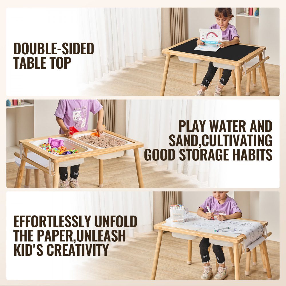 Sensorische placemat, activiteitentafel, kinderzitset en zand- en waterspeeltafel met 2 krukken en 2 opbergbakken en papierrolhouder, houten kindertafel - cadeau voor kinderen