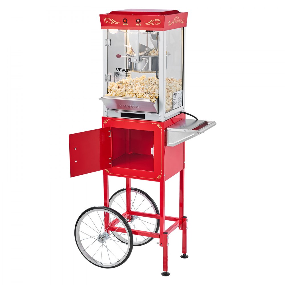 Popcornmachine Popcornmachine met waterkoker en kar, 800 W commerciële popcornmaker, 48 kopjes per lading, met 2-knopsbediening, glazen wand, pc-deur, 1 schep, 3 lepels, rood Popcornmachine Popcornmachine met waterkoker en kar, 800 W commerciële popcornmaker, 48 kopjes per lading, met 2-knopsbediening, glazen wand, pc-deur, 1 schep, 3 lepels, rood