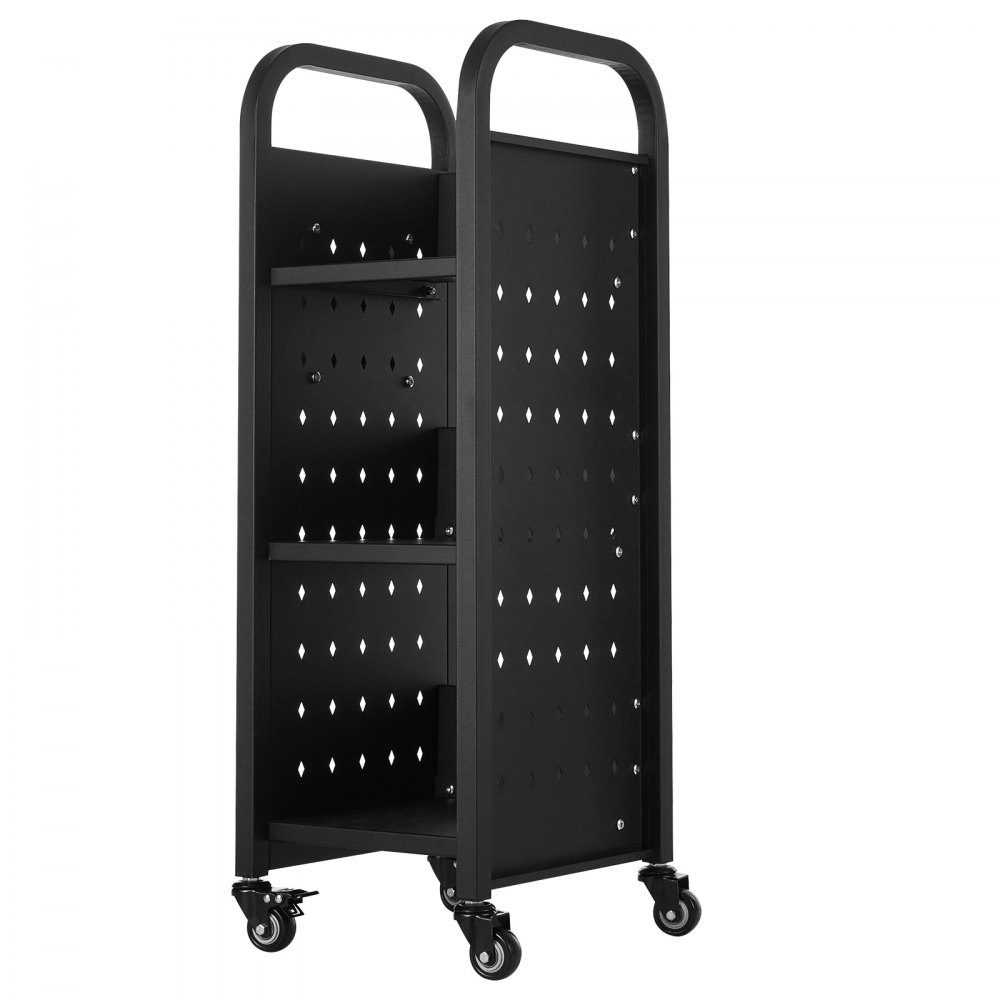 Boekenwagen 100 kg Draagvermogen Bibliotheekwagen 32 x 35 x 93,5 cm Enkelzijdige L-vormige boekenplank met dubbele remwielen Boekenplankwagen voor Woonkamer Kantoor School Zwart