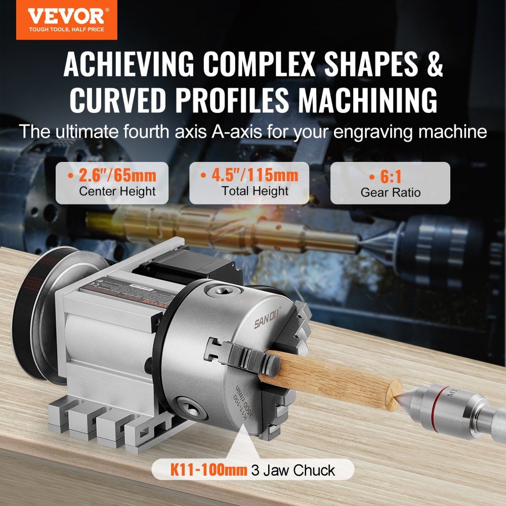 Klauwplaat K11-100 mm drieklauwplaat 4e as van de CNC-rotatie-as, een overbrengingsverhouding van 6:1 en een Nema23 tweefasige stappenmotor 3-klauwplaat voor CNC-frezen