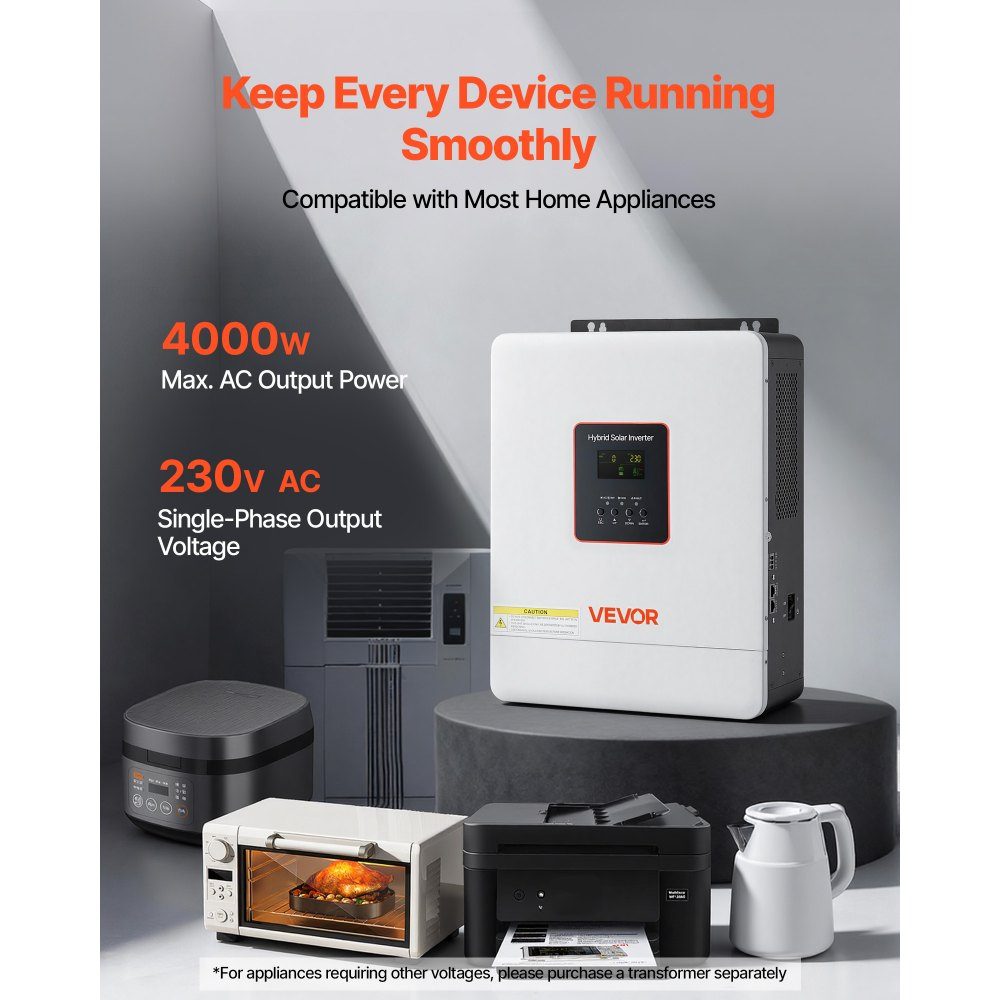 Hybrid inverter 4000 W, 24V DC to 230V AC, with integrated 120A MPPT solar charge controller, WiFi module, single-phase, for off-grid lead-acid/lithium batteries