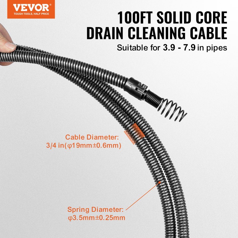 Kabel do czyszczenia rur 30 m x 19 mm, kabel do czyszczenia rur wykonany ze stali i 4 obcinaki do rur od 100 do 200 mm, kabel do czyszczenia rur z rdzeniem wewnętrznym do zlewów, odpływów podłogowych, toalet