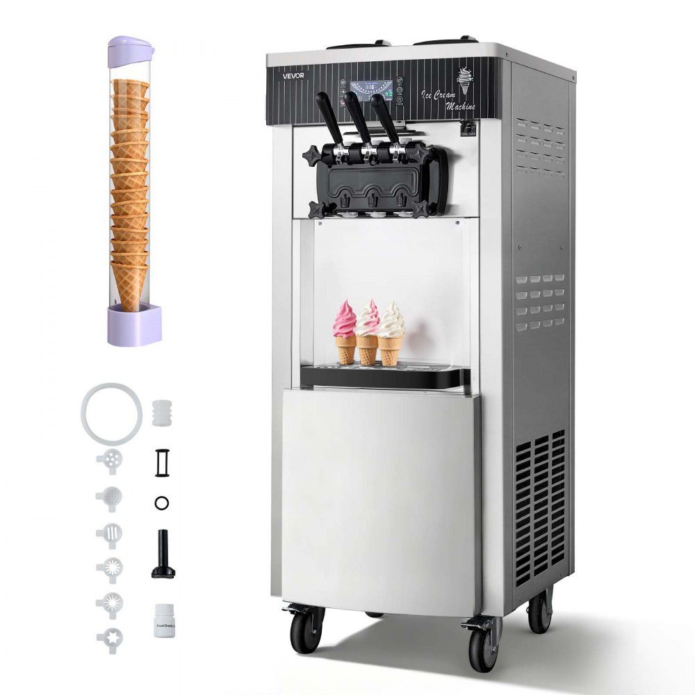 Gewerbliche Softeismaschine 2200 W, freistehende Eismaschine mit 20-28 L/h Produktion, mit 3 Geschmacksrichtungen & 2 Behältern (6 L), Vorkühlung & Selbstreinigung für Imbiss- und Dessertläden