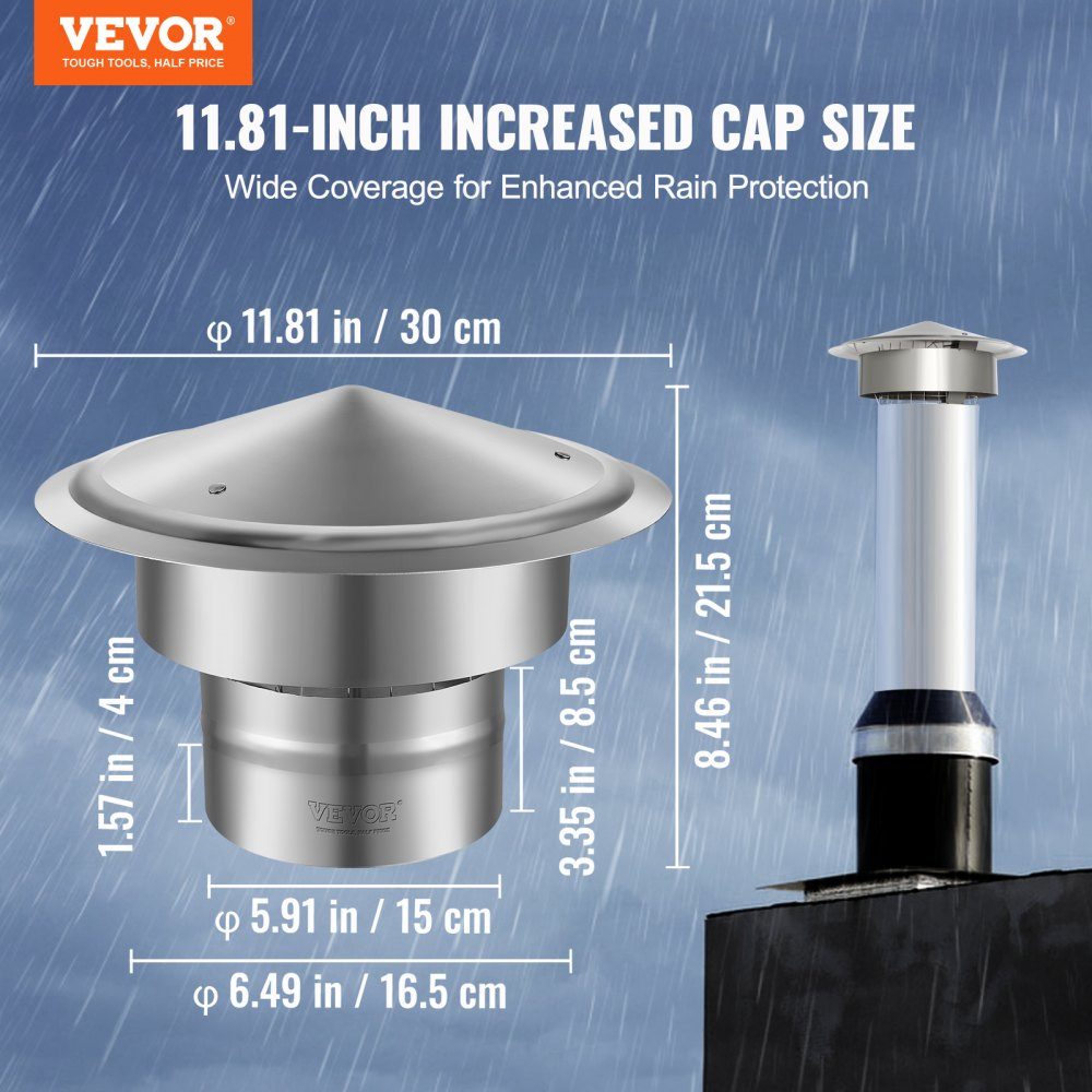 Chimney Cover, 304 Stainless Steel, Chimney Hood, 300 x 300 x 220mm, Chimney Cover, Rain Hood, Chimney Hood, Φ150mm Plate Diameter, Chimney Hat, Compatible with Various Types of Chimneys