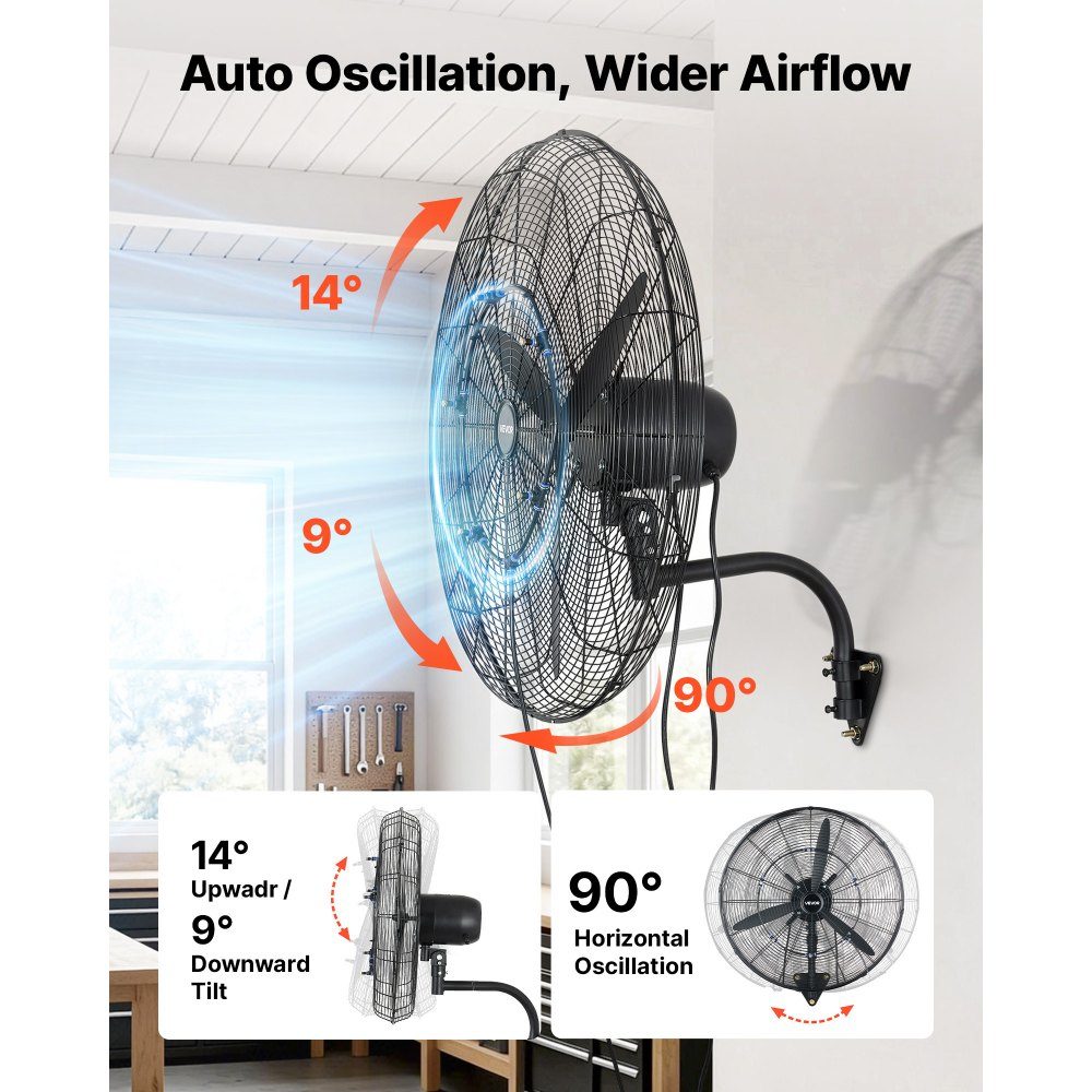 115W Industrial Wall Fan 32" 5.9m/s Oscillating Wall Fan with 3 Levels Adjustable Angle and Mist Commercial Industrial Fan for Workshop Garage Warehouse Gym Black
