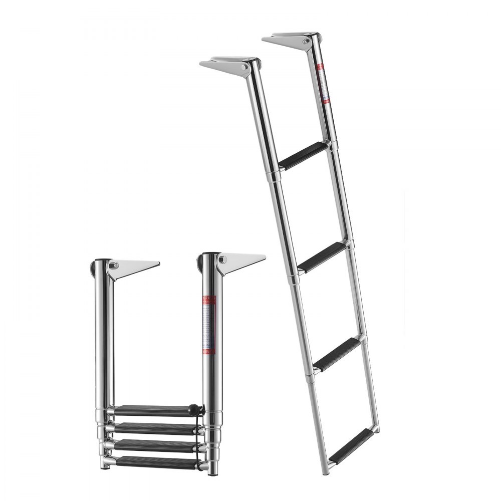 Uitschuifbare bootladder, zwemtrap met 4 treden en antislippedaal, zwemdekladder met 408 kg draagvermogen voor instap aan de achterkant, telescopische ladder van roestvrij staal 304 voor boten, dokken, pontons, zwembaden
