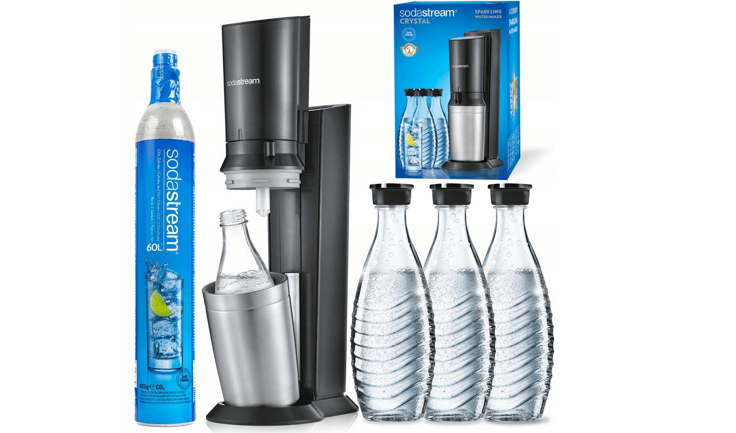 Machine à soda Sodastream 2.0 « Crystal », 3 carafes en verre de 0,6 l, cylindre en aluminium pour 60 l