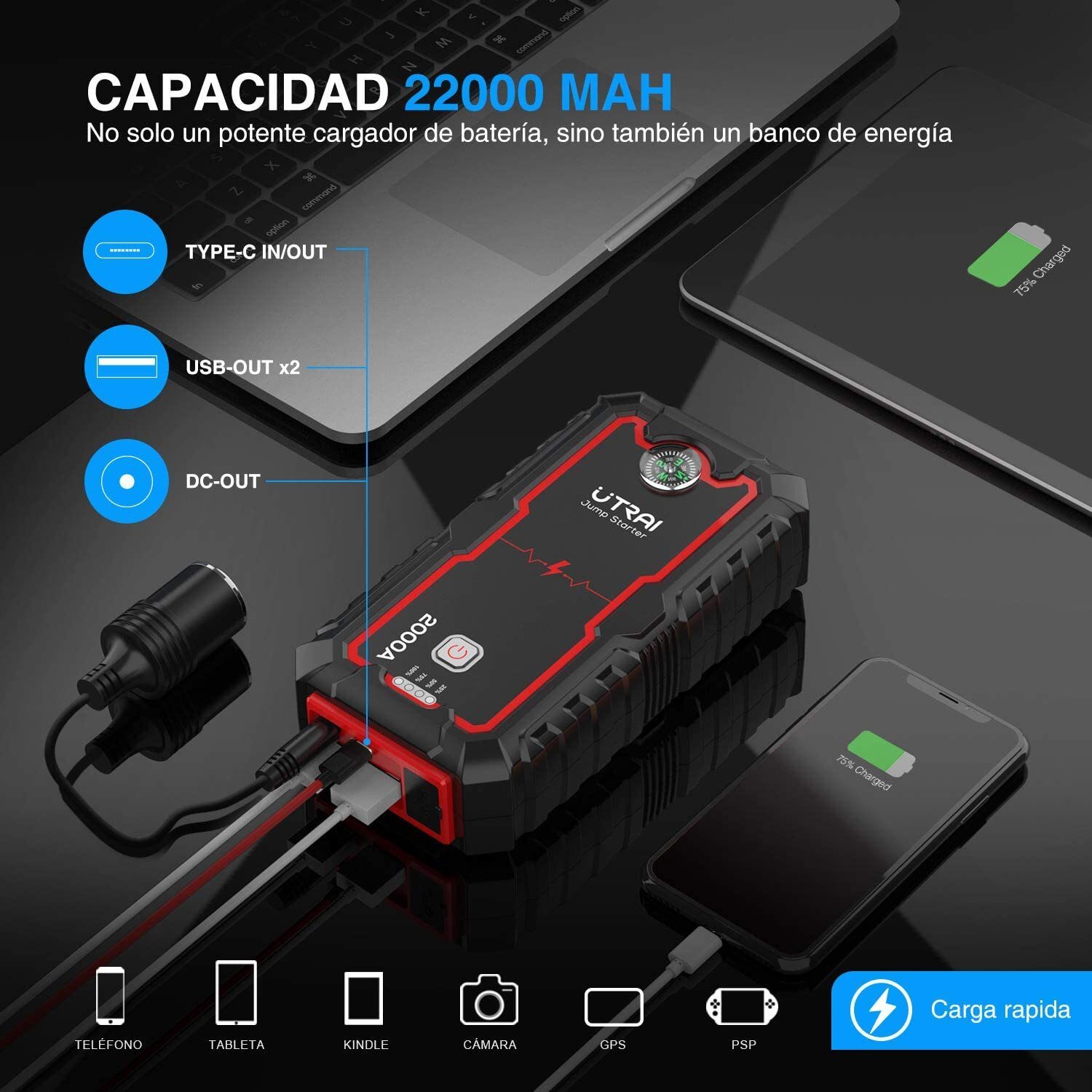 *OFFRE* Démarreur de voiture UTRAI 12 V 2000 A 22000 mAh Batterie de voiture Banque d'alimentation jusqu'à 8 L d'essence 6,5 L Démarreur diesel avec lampe de poche LED double USB QC3.0