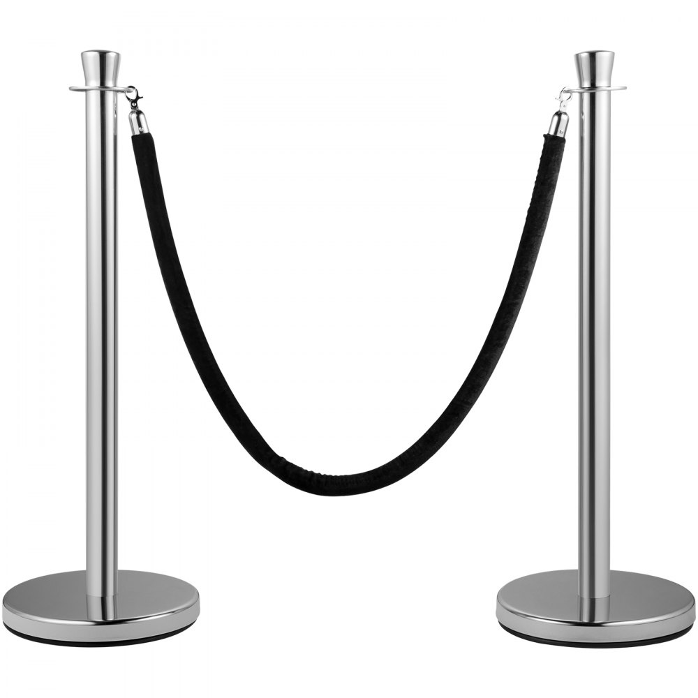 Ensemble de 2 supports de contrôle des foules, jeu de piquets avec corde en velours noir de 1,5 m, barrière de contrôle des foules argentée avec base en béton robuste et en métal – Assemblage facile