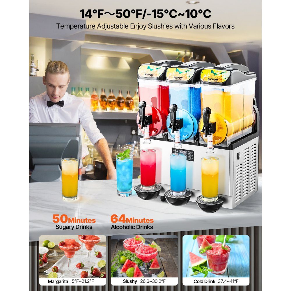 Commercial Slush Ice Machine 45L Slushie Maker with 3 Tanks, Stainless Steel Crushed Ice Machine for 180 Cups Margarita and Smoothies, Ice Slush Machine for Home Catering Cafe Bars