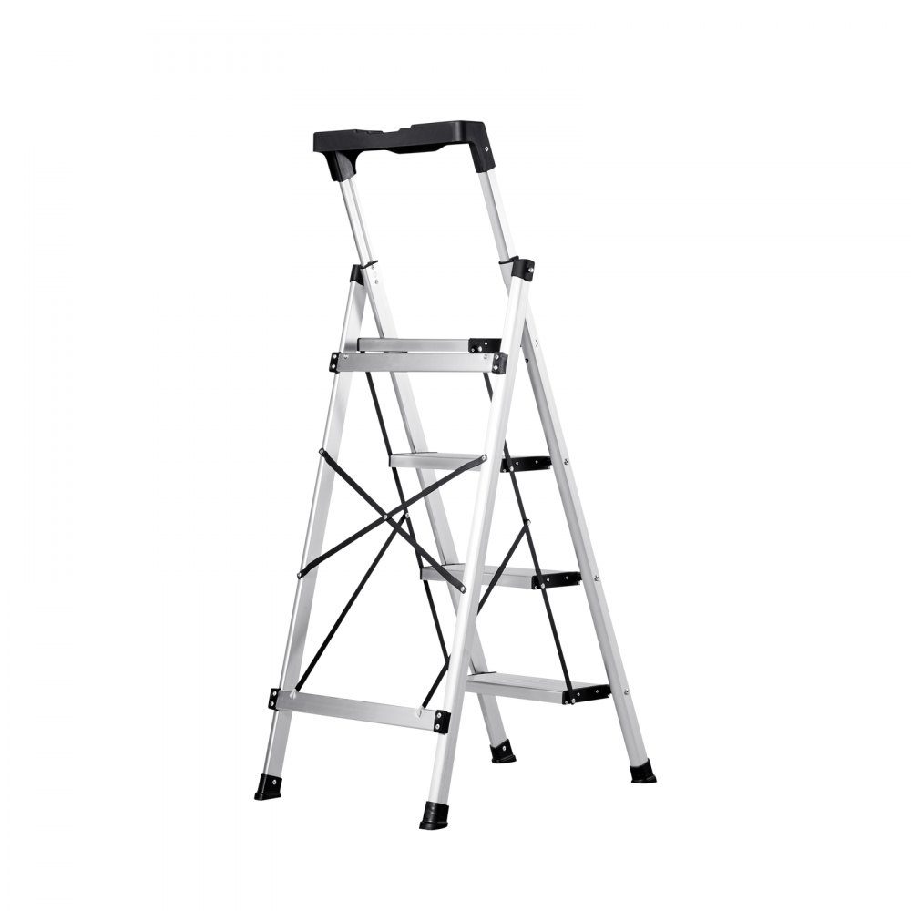 Trittleiter 4 Stufen, Klappleiter mit Anti-Rutsch-Stufen & komfortablem Griff, Haushaltsleiter Belastbarkeit 150 kg, Sicherheitsleiter aus Aluminium für Küche, Haushalt, Lager & Büro, Silber