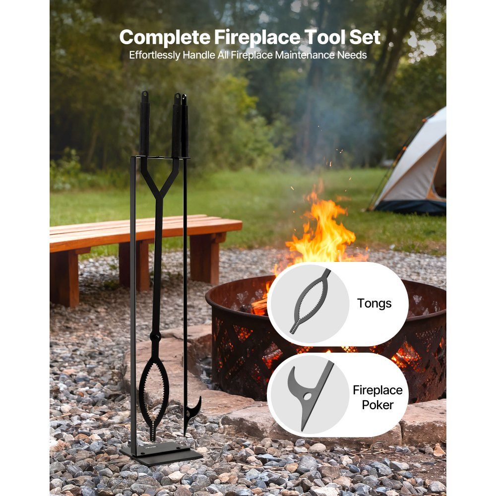 Kaminbesteck-Set, 3-teiliges Ofenbesteck-Set inklusive Ständer, Zange, Schürhaken, Kamin-Set, schmiedeeisernes Kaminzubehör für Lagerfeuer im Garten, drinnen und draußen, Schwarz