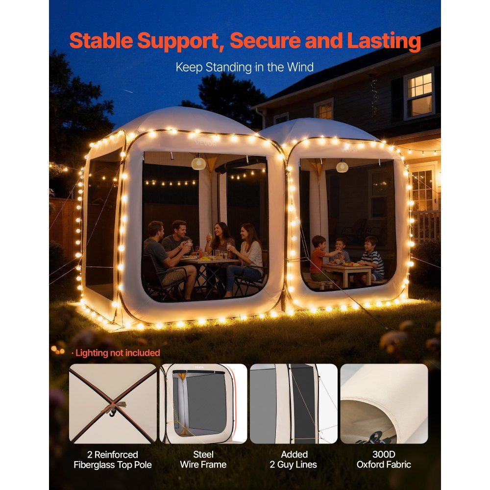 Tente de camping 144" x 72" 2 en 1 Tente de fête portable avec sac de transport, parois latérales en maille et piquets de sol pour jardin, terrasse et activités de plein air, Beige