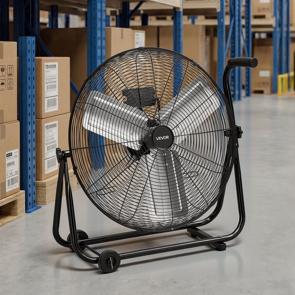 Vloerventilator Ø609,6mm, windmachine 360° kantelbaar, staande ventilator met 3 snelheden, draagbare trommelventilator met handvatrollen & 1,6m kabel, industriële ventilator voor garageopslag
