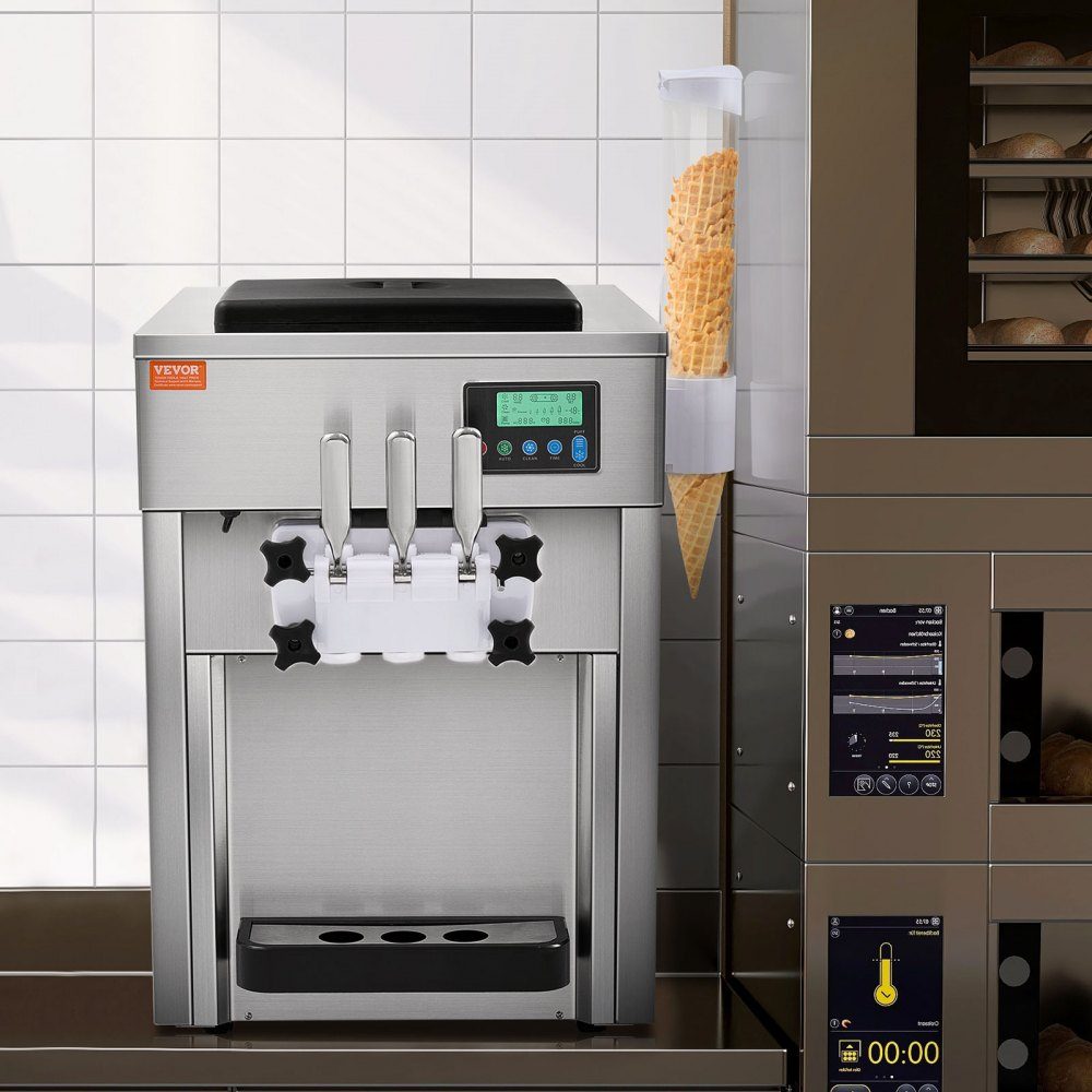 Commercial Ice Cream Maker, 1800W, 3 Flavors, Countertop Soft Ice Cream Machine, 2 x 4L Hopper, 2 x 1.8L Cylinder, LCD Screen, Auto Cleaning, Pre-Cooling