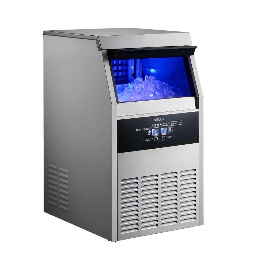 Machine à glaçons commerciale, machine à glaçons 59 kg/jour avec bac de stockage de glace de 14 kg, machine à glaçons autoportante en acier inoxydable avec affichage LED, autonettoyante, idéale pour la maison, bar, restaurant, café
